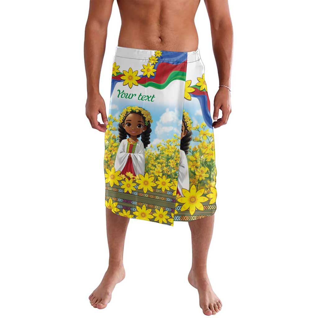 Girls' wrap skirt with elastic waistband, colorful floral print and child portrait panel