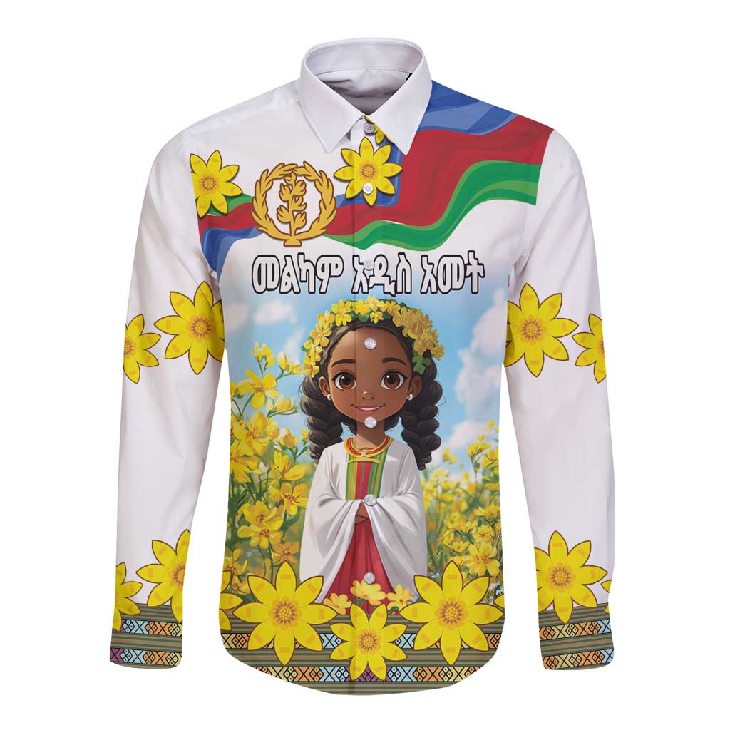 White long-sleeve button shirt with colorful Eritrea flag and girl floral graphic