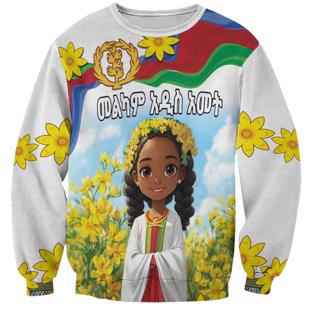 Unisex sweatshirt, light gray with girl in flower scene front graphic
