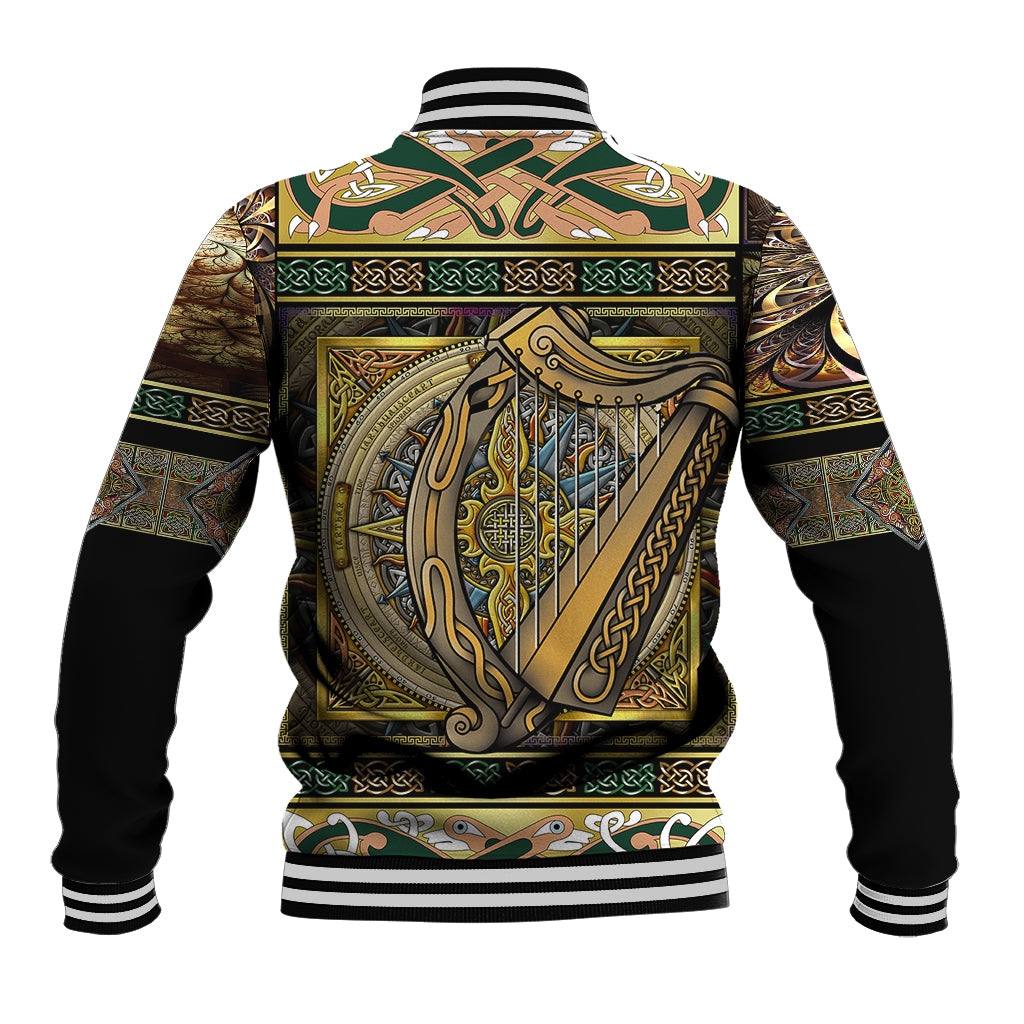 Gold and green baseball jacket back with Celtic crest, ribbed hem and striped cuffs