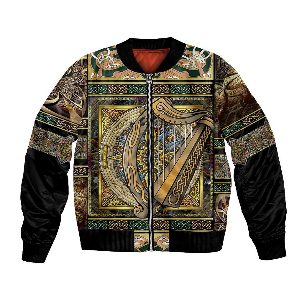 Unisex bomber jacket with black sleeves and ornate gold-green Celtic crest front print
