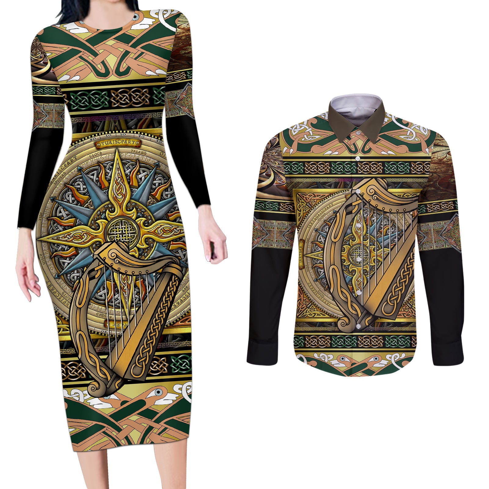 Ireland Shamrock Couples Matching Long Sleeve Bodycon Dress and Long Sleeve Button Shirts Celtic Knot Traditional Irish Symbol LT9 - Wonder Print Shop