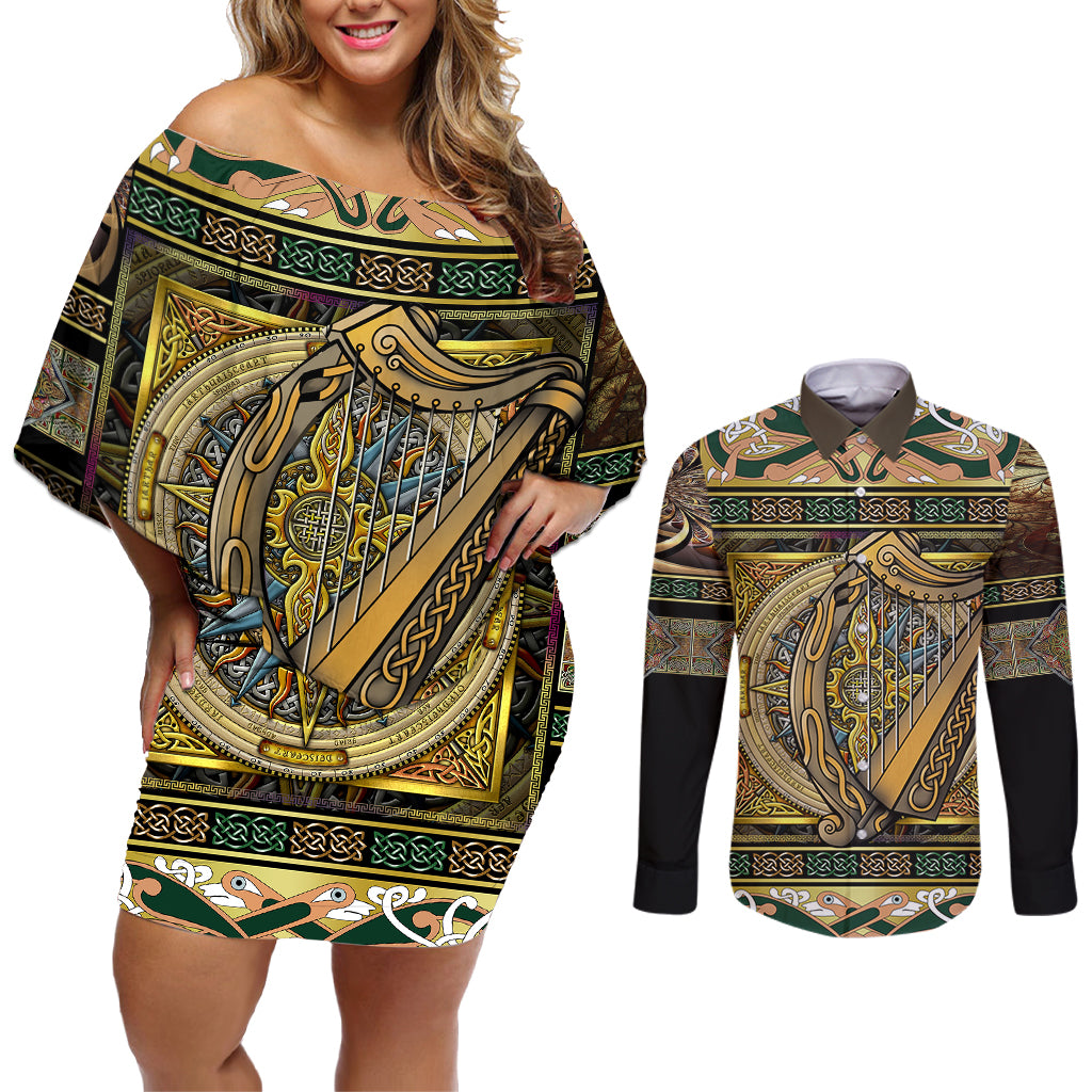 Ireland Shamrock Couples Matching Off Shoulder Short Dress and Long Sleeve Button Shirts Celtic Knot Traditional Irish Symbol LT9 - Wonder Print Shop