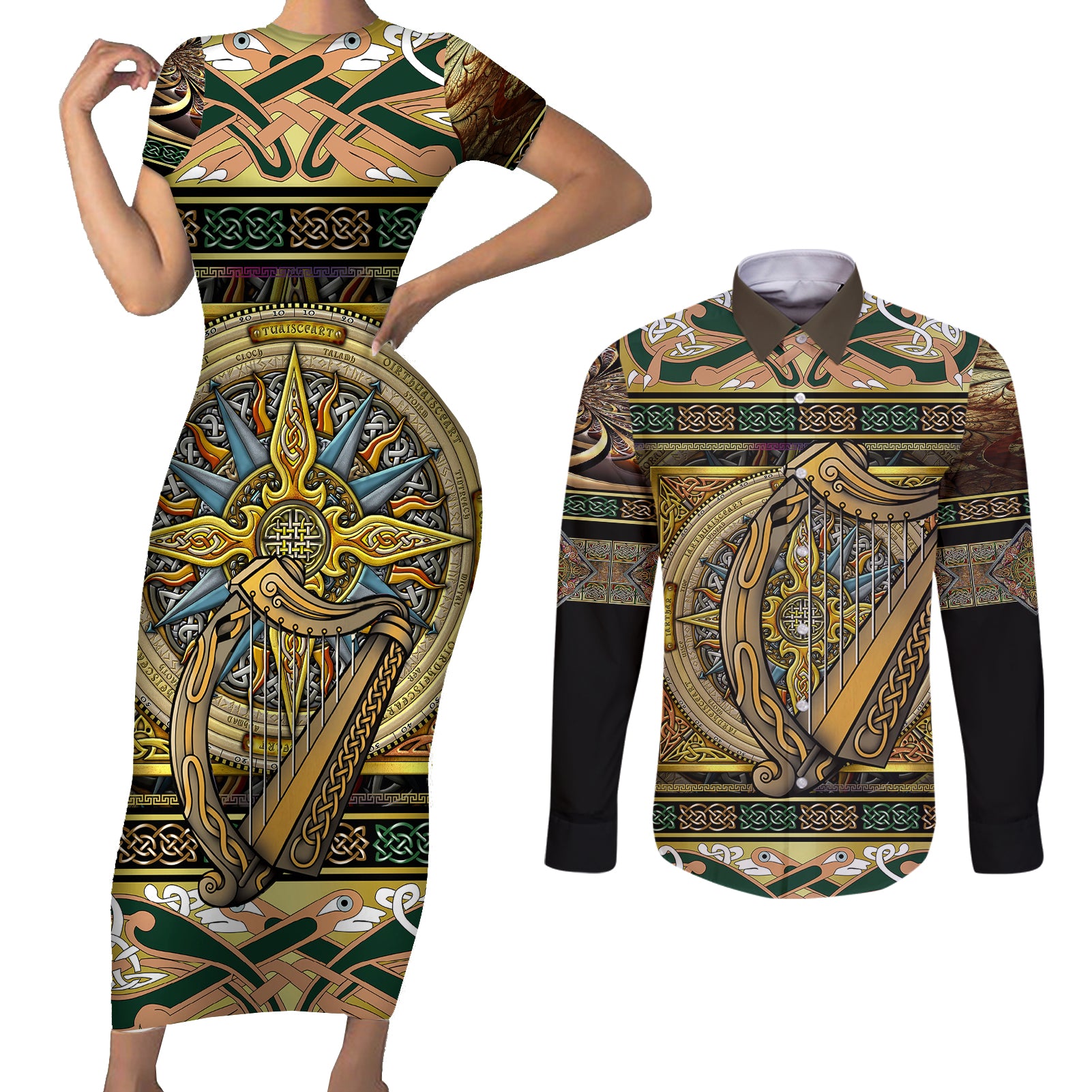 Ireland Shamrock Couples Matching Short Sleeve Bodycon Dress and Long Sleeve Button Shirts Celtic Knot Traditional Irish Symbol LT9 - Wonder Print Shop