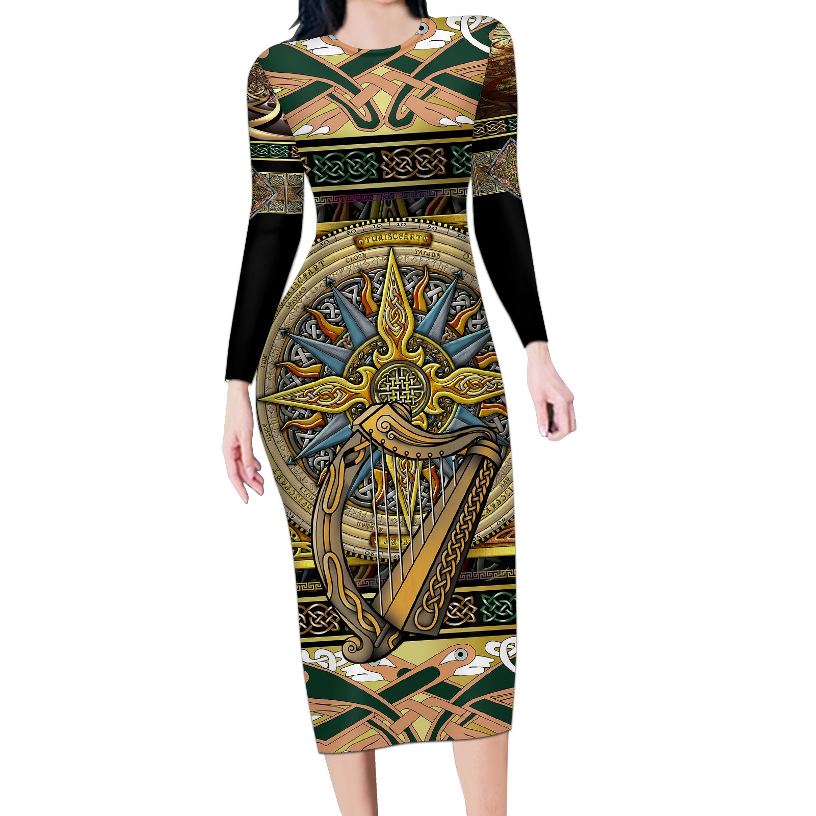 Ireland Shamrock Long Sleeve Bodycon Dress Celtic Knot Traditional Irish Symbol - Wonder Print Shop