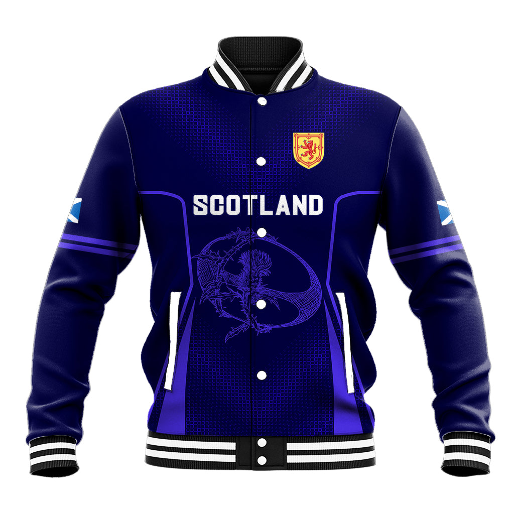 Blue baseball jacket with snap front, ribbed collar, Scotland wordmark and crest, lion graphic