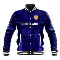 Blue baseball jacket with snap front, ribbed collar, Scotland wordmark and crest, lion graphic