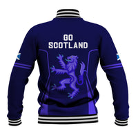 Blue baseball jacket with ribbed striped collar and cuffs, GO SCOTLAND back print, lion graphic