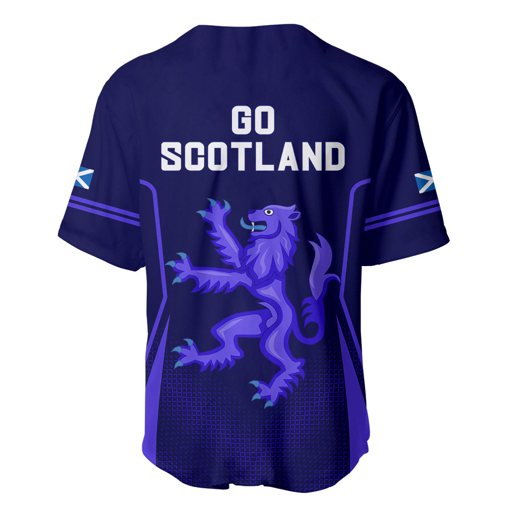 Blue baseball jersey back with 'GO SCOTLAND' print, stylized animal graphic, short sleeves