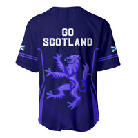 Blue baseball jersey back with 'GO SCOTLAND' print, stylized animal graphic, short sleeves