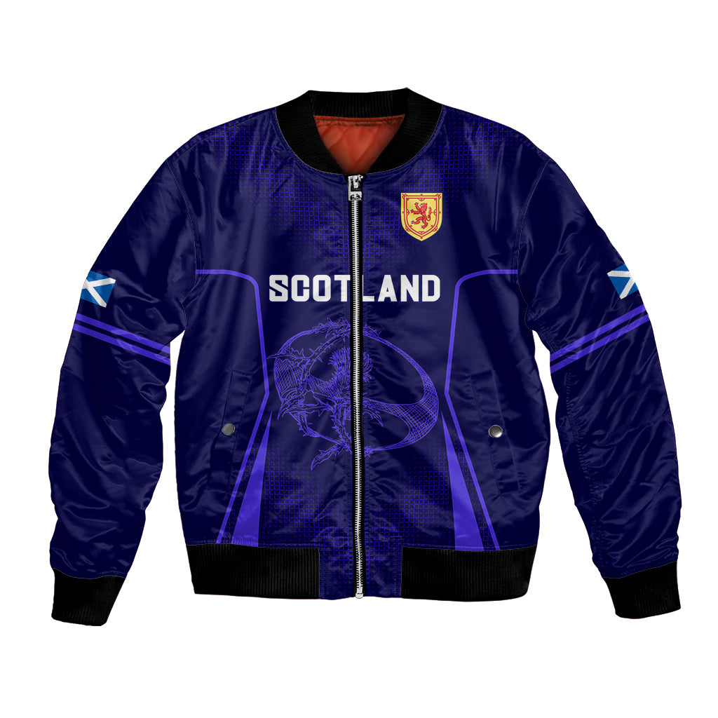 Blue bomber jacket with zip front, ribbed collar and cuffs, Scotland crest and lettering