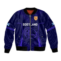 Blue bomber jacket with zip front, ribbed collar and cuffs, Scotland crest and lettering