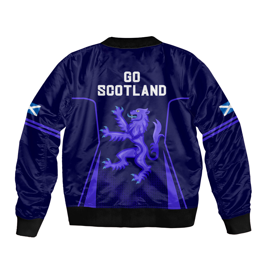Blue bomber jacket with ribbed cuffs, back graphic and 'GO SCOTLAND' text
