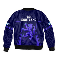 Blue bomber jacket with ribbed cuffs, back graphic and 'GO SCOTLAND' text