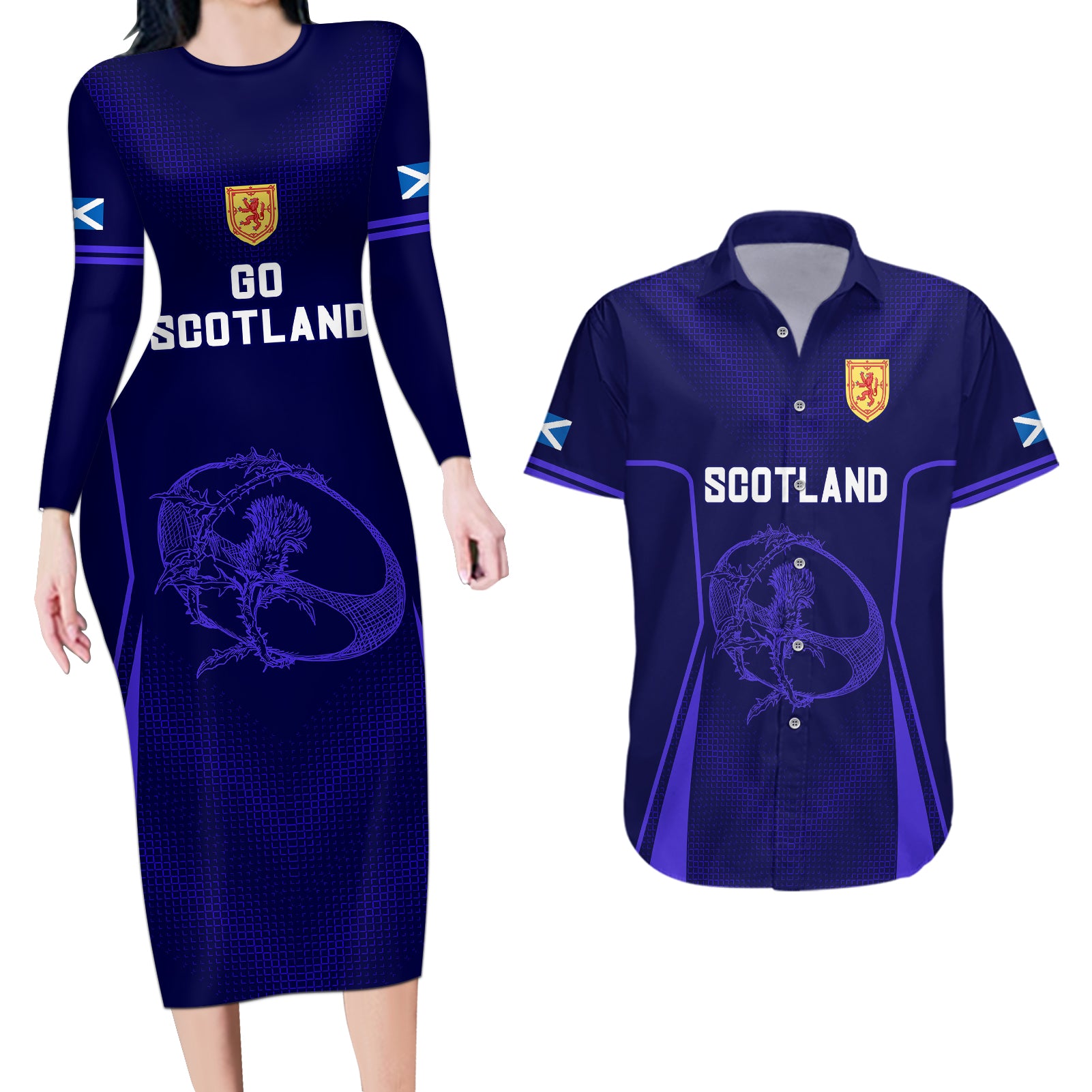 Scotland Rugby Couples Matching Long Sleeve Bodycon Dress and Hawaiian Shirt Scottish Thistle World Cup 2023 LT9 - Wonder Print Shop