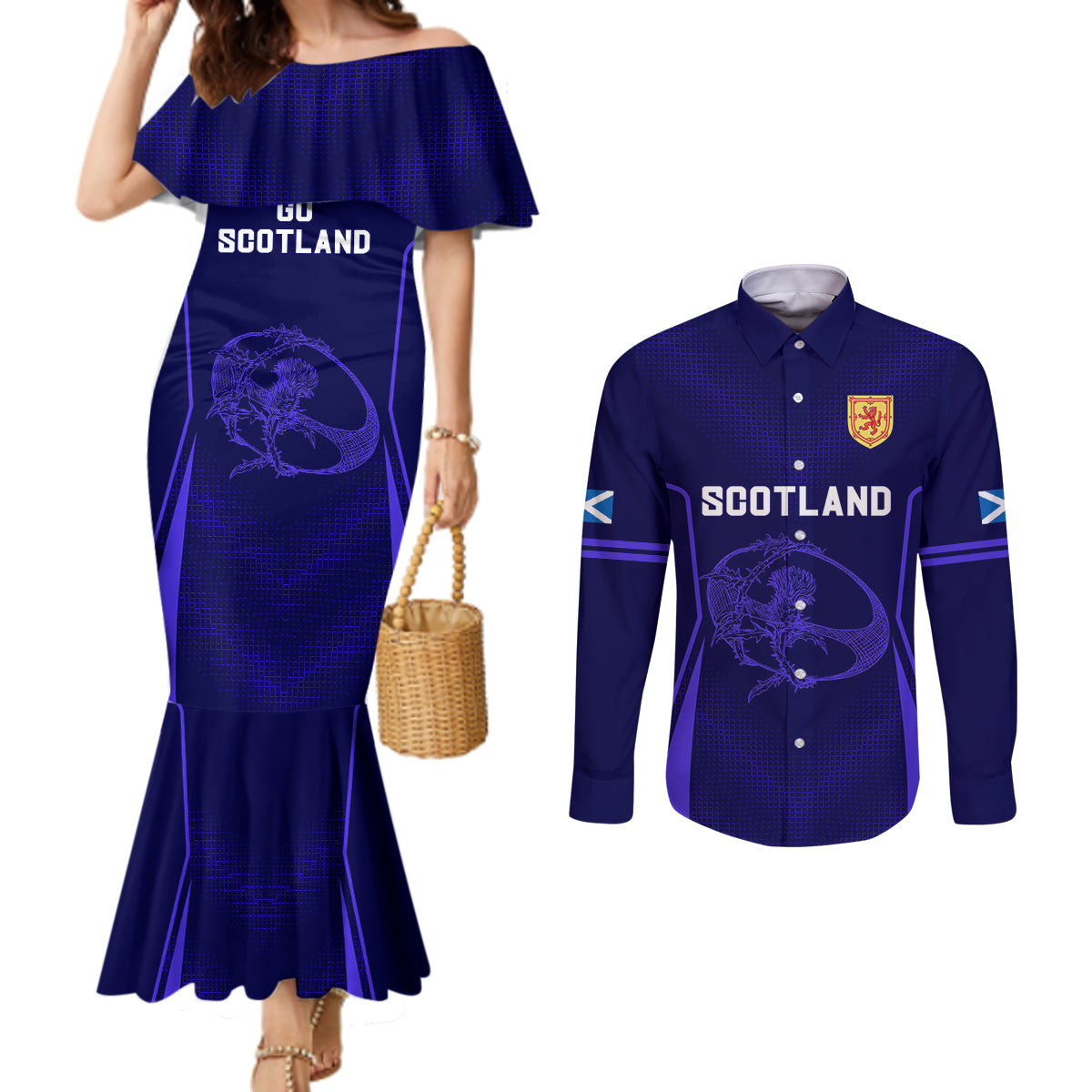 scotland-rugby-couples-matching-mermaid-dress-and-long-sleeve-button-shirts-scottish-thistle-world-cup-2023