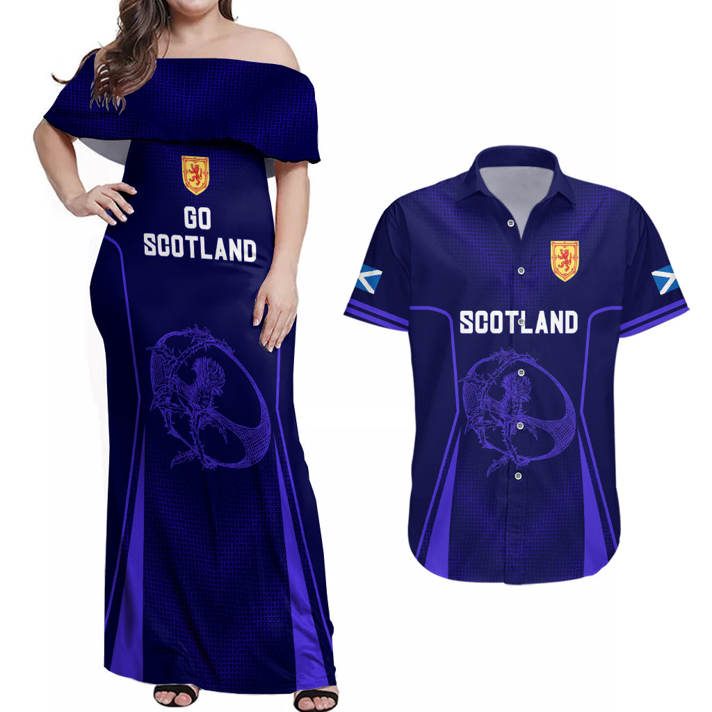 Scotland Rugby Couples Matching Off Shoulder Maxi Dress and Hawaiian Shirt Scottish Thistle World Cup 2023 LT9 - Wonder Print Shop