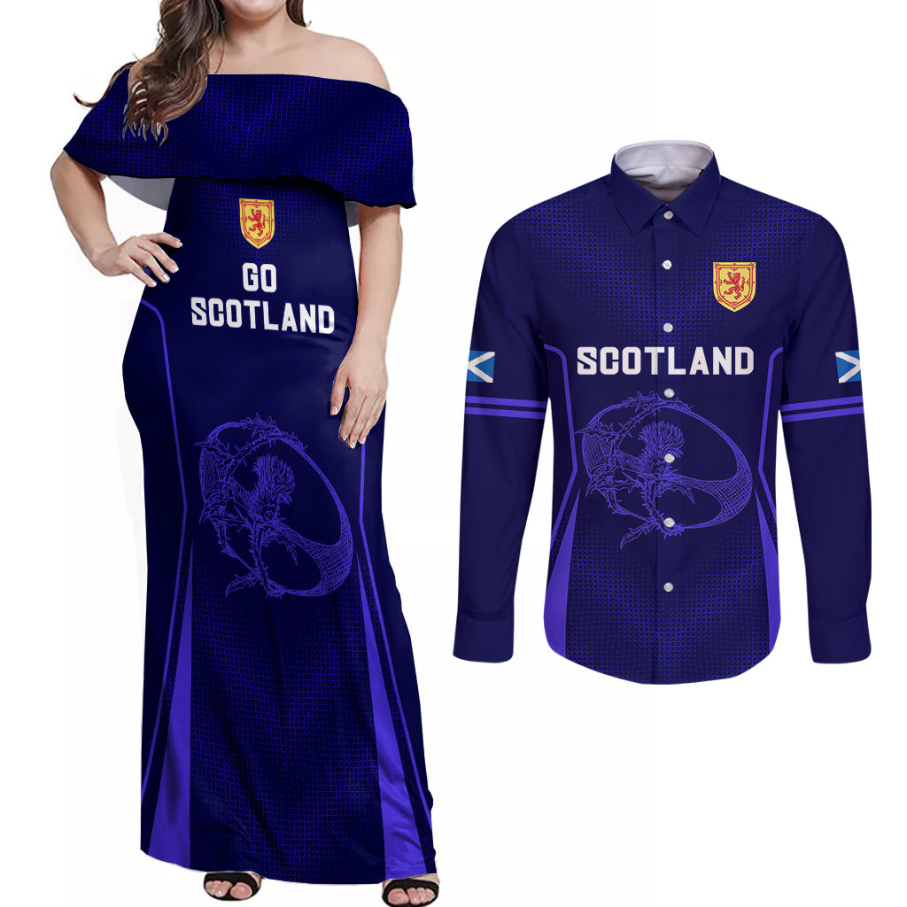 Scotland Rugby Couples Matching Off Shoulder Maxi Dress and Long Sleeve Button Shirts Scottish Thistle World Cup 2023 LT9 - Wonder Print Shop