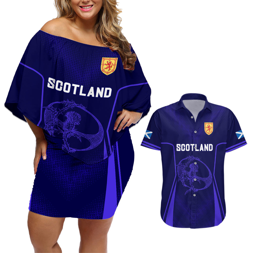 Scotland Rugby Couples Matching Off Shoulder Short Dress and Hawaiian Shirt Scottish Thistle World Cup 2023 LT9 - Wonder Print Shop