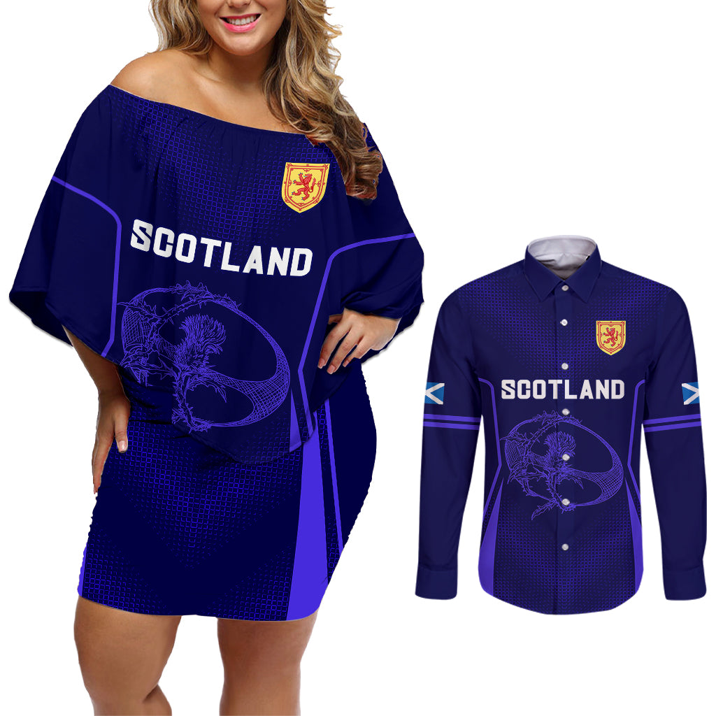 Scotland Rugby Couples Matching Off Shoulder Short Dress and Long Sleeve Button Shirts Scottish Thistle World Cup 2023 LT9 - Wonder Print Shop