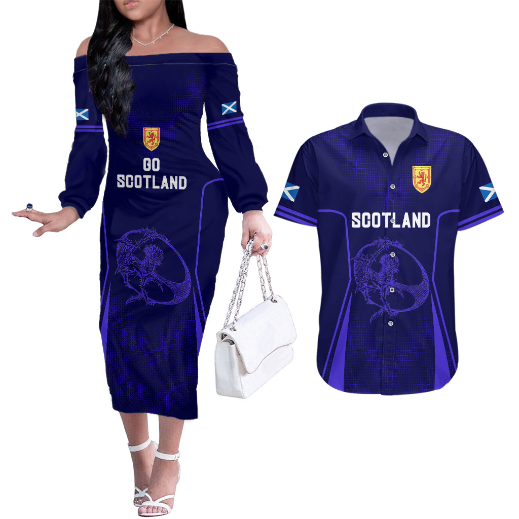 Scotland Rugby Couples Matching Off The Shoulder Long Sleeve Dress and Hawaiian Shirt Scottish Thistle World Cup 2023 LT9 - Wonder Print Shop