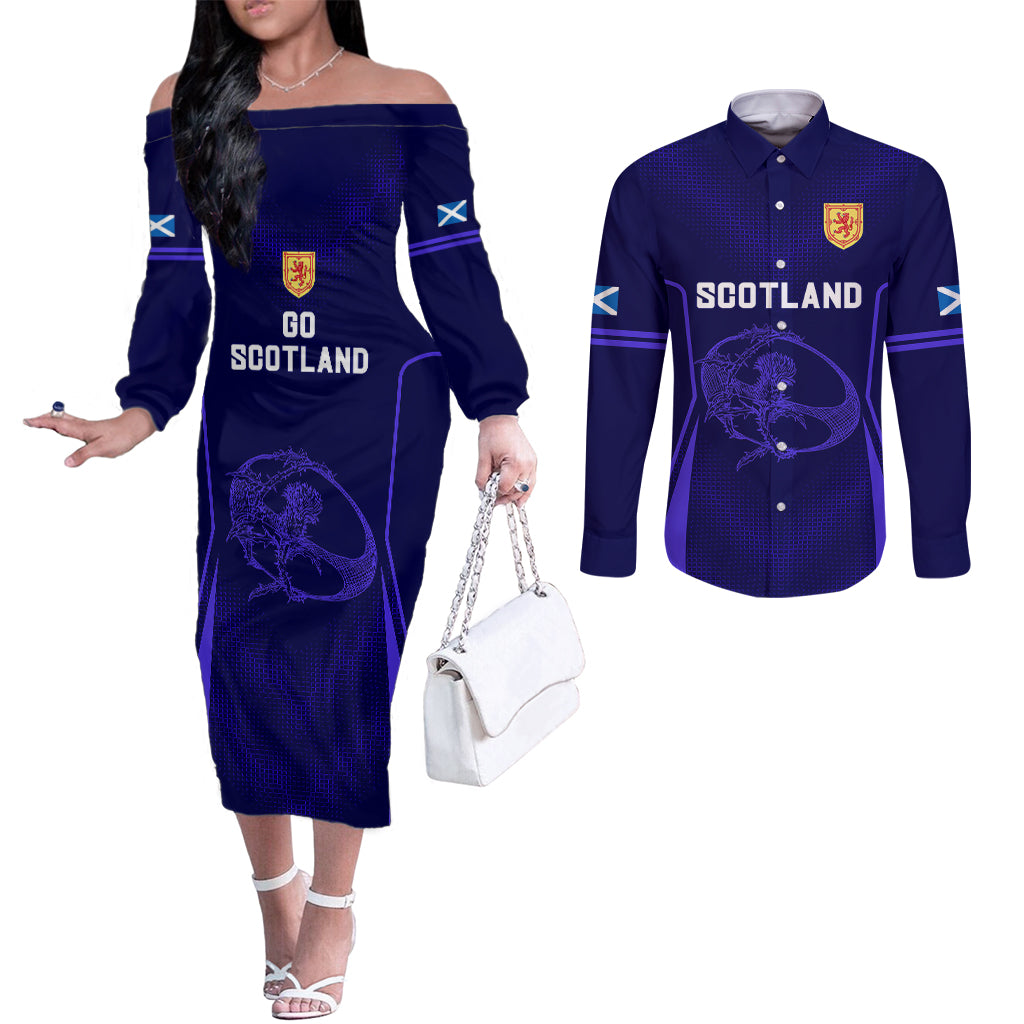 scotland-rugby-couples-matching-off-the-shoulder-long-sleeve-dress-and-long-sleeve-button-shirts-scottish-thistle-world-cup-2023