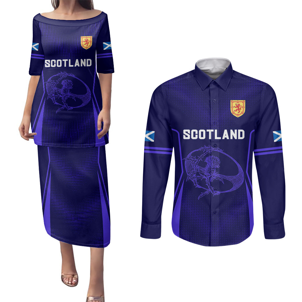 Scotland Rugby Couples Matching Puletasi Dress and Long Sleeve Button Shirts Scottish Thistle World Cup 2023 LT9 - Wonder Print Shop