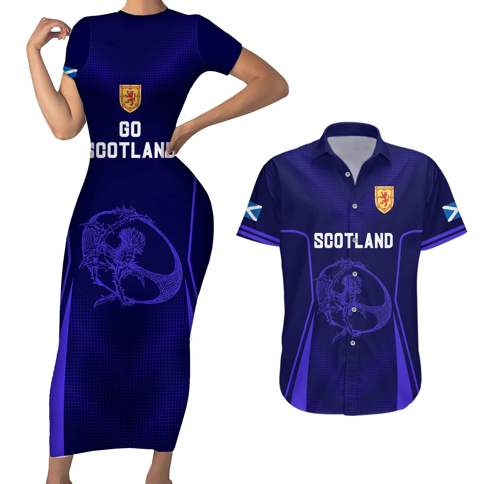 Scotland Rugby Couples Matching Short Sleeve Bodycon Dress and Hawaiian Shirt Scottish Thistle World Cup 2023 LT9 - Wonder Print Shop