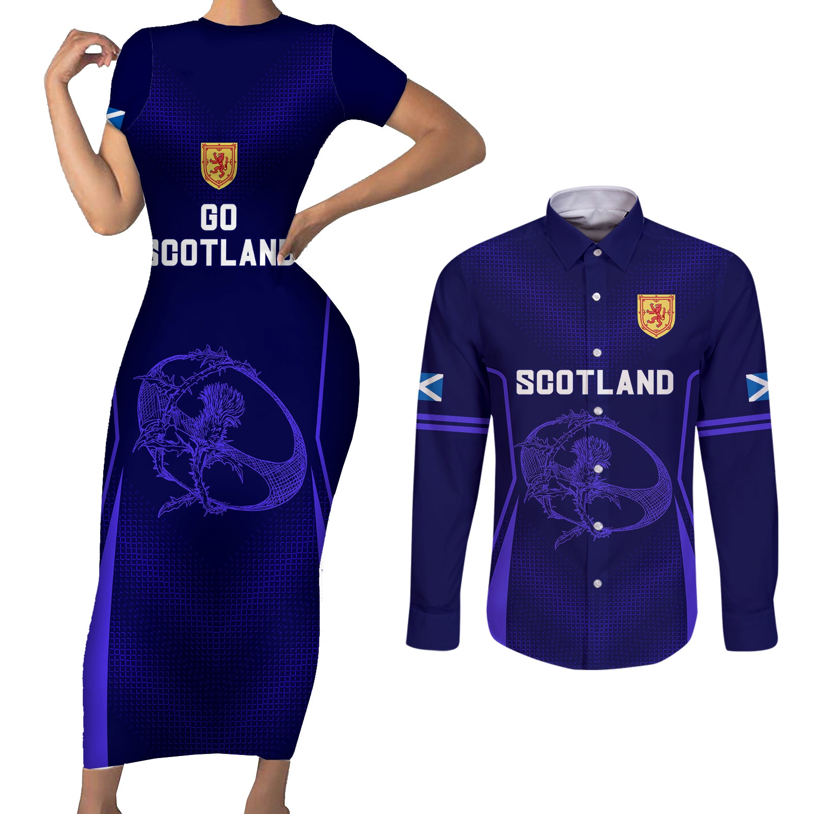 Scotland Rugby Couples Matching Short Sleeve Bodycon Dress and Long Sleeve Button Shirts Scottish Thistle World Cup 2023 LT9 - Wonder Print Shop