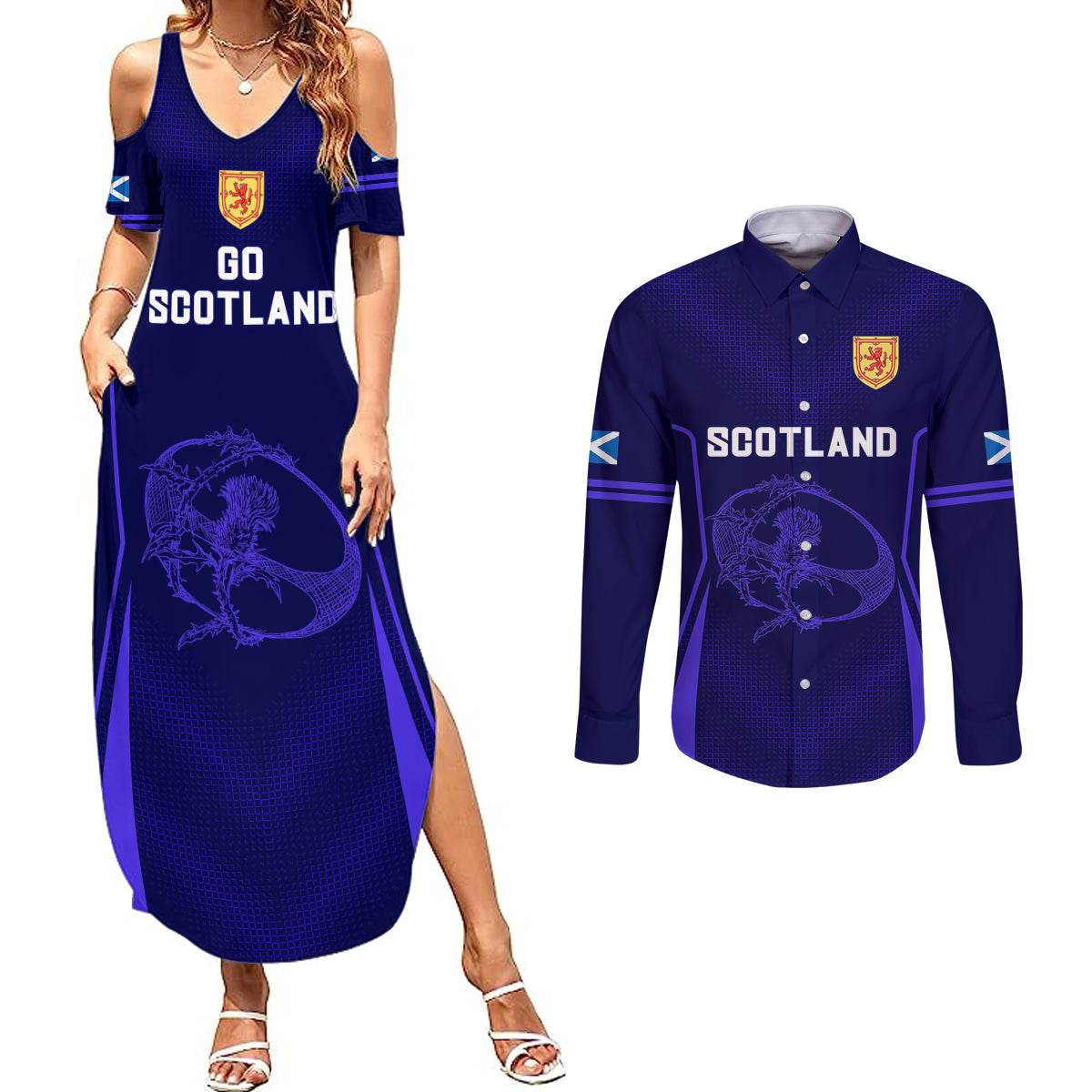 Scotland Rugby Couples Matching Summer Maxi Dress and Long Sleeve Button Shirts Scottish Thistle World Cup 2023 LT9 - Wonder Print Shop