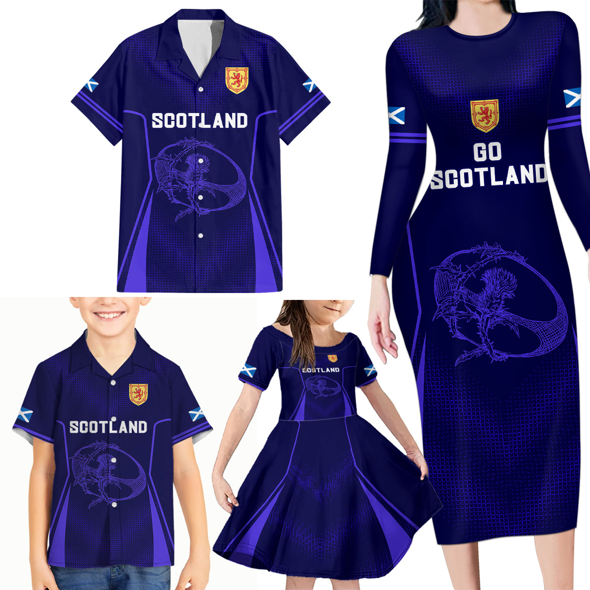 Scotland Rugby Family Matching Long Sleeve Bodycon Dress and Hawaiian Shirt Scottish Thistle World Cup 2023 LT9 - Wonder Print Shop