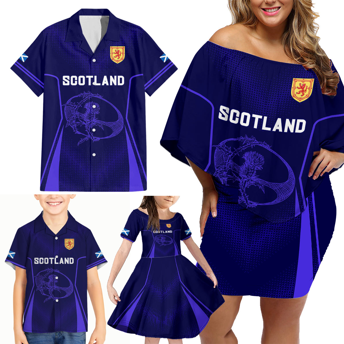 Scotland Rugby Family Matching Off Shoulder Short Dress and Hawaiian Shirt Scottish Thistle World Cup 2023 LT9 - Wonder Print Shop