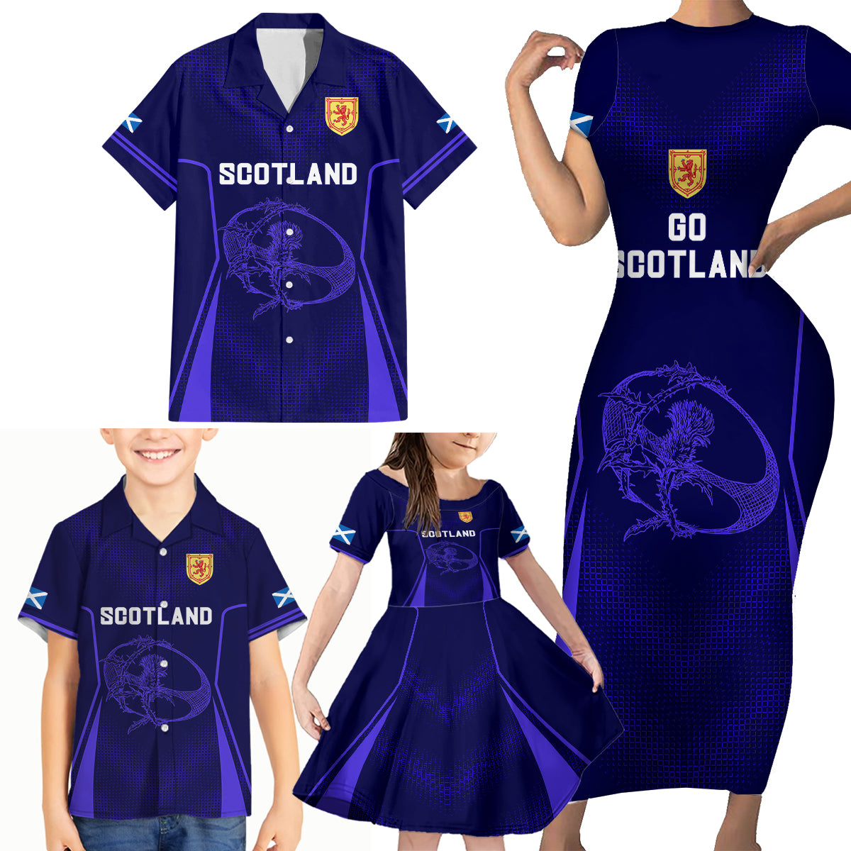 Scotland Rugby Family Matching Short Sleeve Bodycon Dress and Hawaiian Shirt Scottish Thistle World Cup 2023 - Wonder Print Shop