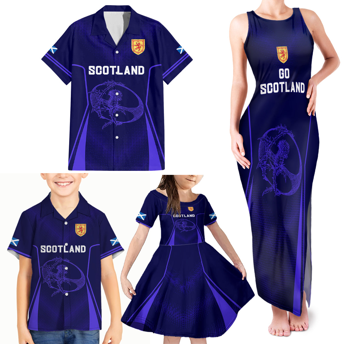 Scotland Rugby Family Matching Tank Maxi Dress and Hawaiian Shirt Scottish Thistle World Cup 2023 - Wonder Print Shop