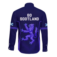 Rugby button-up shirt, dark blue long sleeves, back graphic with Go Scotland text