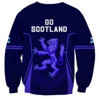 Blue sweatshirt back with 'GO SCOTLAND' text and lion graphic