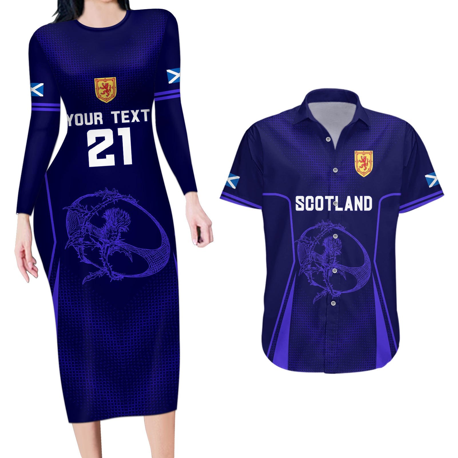 Custom Scotland Rugby Couples Matching Long Sleeve Bodycon Dress and Hawaiian Shirt Scottish Thistle World Cup 2023 LT9 - Wonder Print Shop