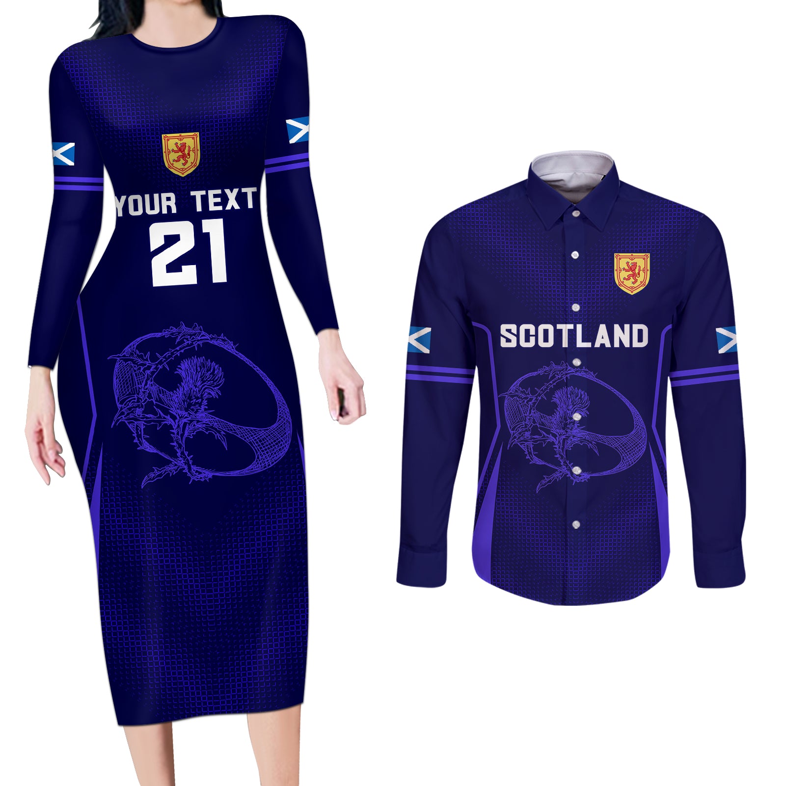 Custom Scotland Rugby Couples Matching Long Sleeve Bodycon Dress and Long Sleeve Button Shirts Scottish Thistle World Cup 2023 LT9 - Wonder Print Shop