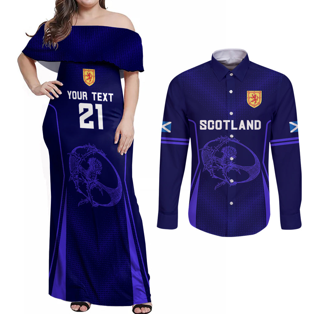 Custom Scotland Rugby Couples Matching Off Shoulder Maxi Dress and Long Sleeve Button Shirts Scottish Thistle World Cup 2023 LT9 - Wonder Print Shop