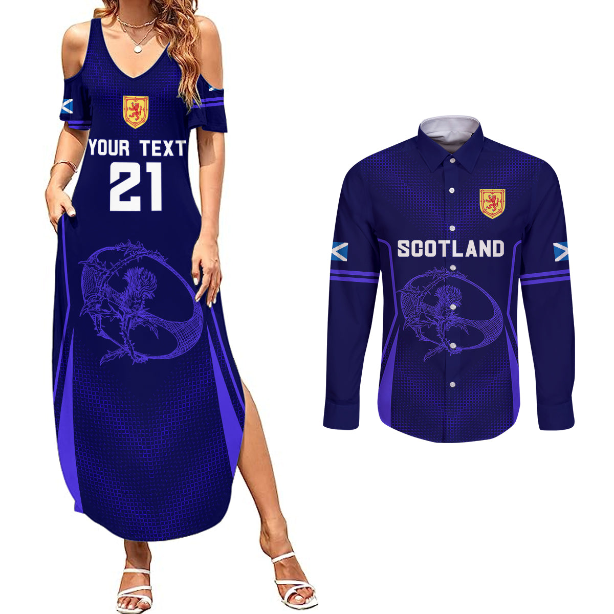 Custom Scotland Rugby Couples Matching Summer Maxi Dress and Long Sleeve Button Shirts Scottish Thistle World Cup 2023 LT9 - Wonder Print Shop