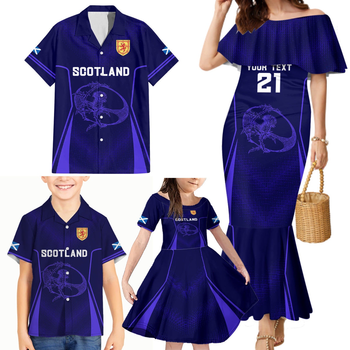 Custom Scotland Rugby Family Matching Mermaid Dress and Hawaiian Shirt Scottish Thistle World Cup 2023 LT9 - Wonder Print Shop