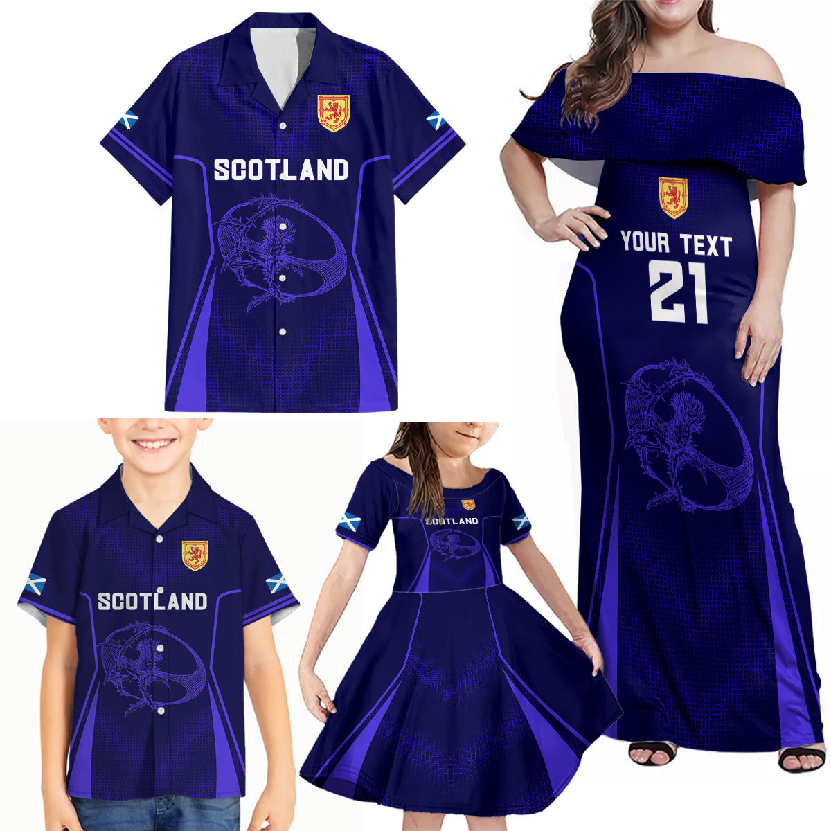 Custom Scotland Rugby Family Matching Off Shoulder Maxi Dress and Hawaiian Shirt Scottish Thistle World Cup 2023 LT9 - Wonder Print Shop