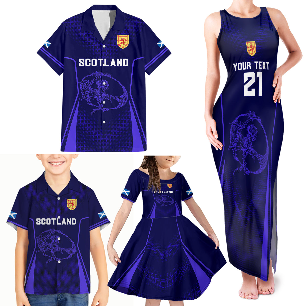 Custom Scotland Rugby Family Matching Tank Maxi Dress and Hawaiian Shirt Scottish Thistle World Cup 2023 - Wonder Print Shop