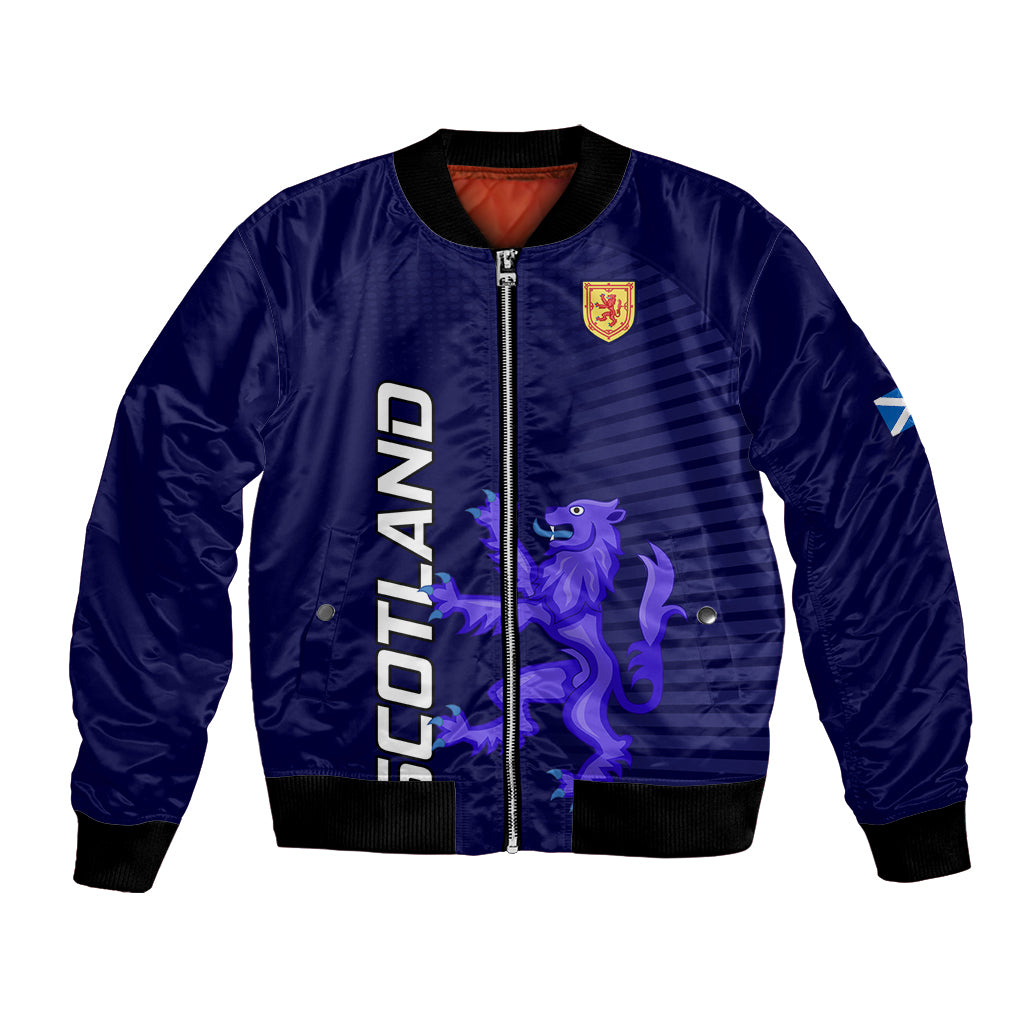 Unisex navy bomber jacket with front zipper, ribbed cuffs, and Scotland crest and lion graphic