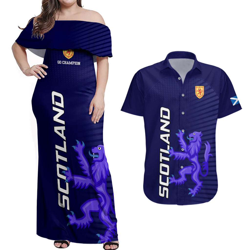 Scotland Rugby Couples Matching Off Shoulder Maxi Dress and Hawaiian Shirt Go Scottish World Cup Sporty Style LT9 - Wonder Print Shop