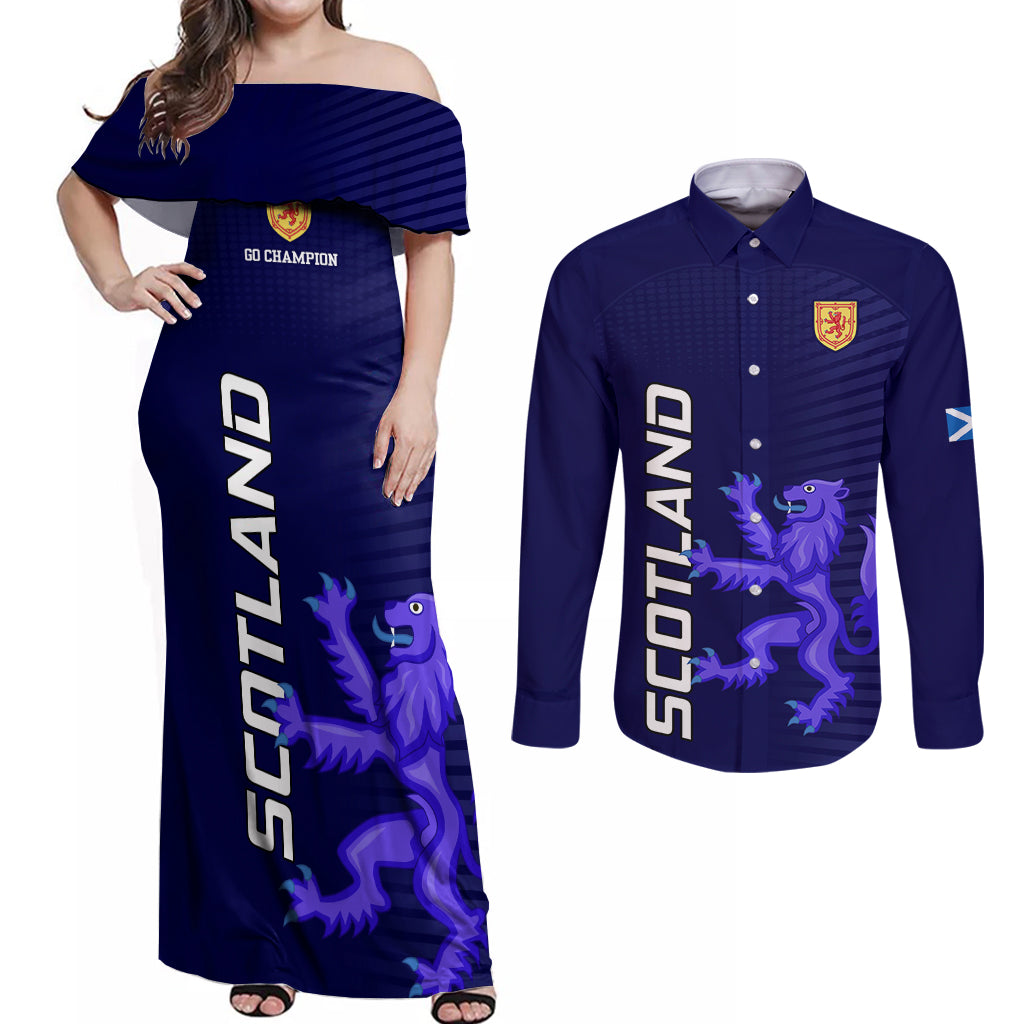 Scotland Rugby Couples Matching Off Shoulder Maxi Dress and Long Sleeve Button Shirts Go Scottish World Cup Sporty Style LT9 - Wonder Print Shop