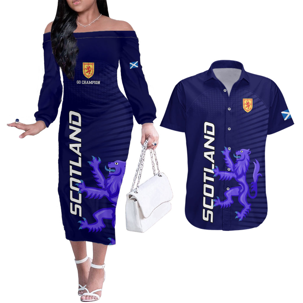 Scotland Rugby Couples Matching Off The Shoulder Long Sleeve Dress and Hawaiian Shirt Go Scottish World Cup Sporty Style LT9 - Wonder Print Shop