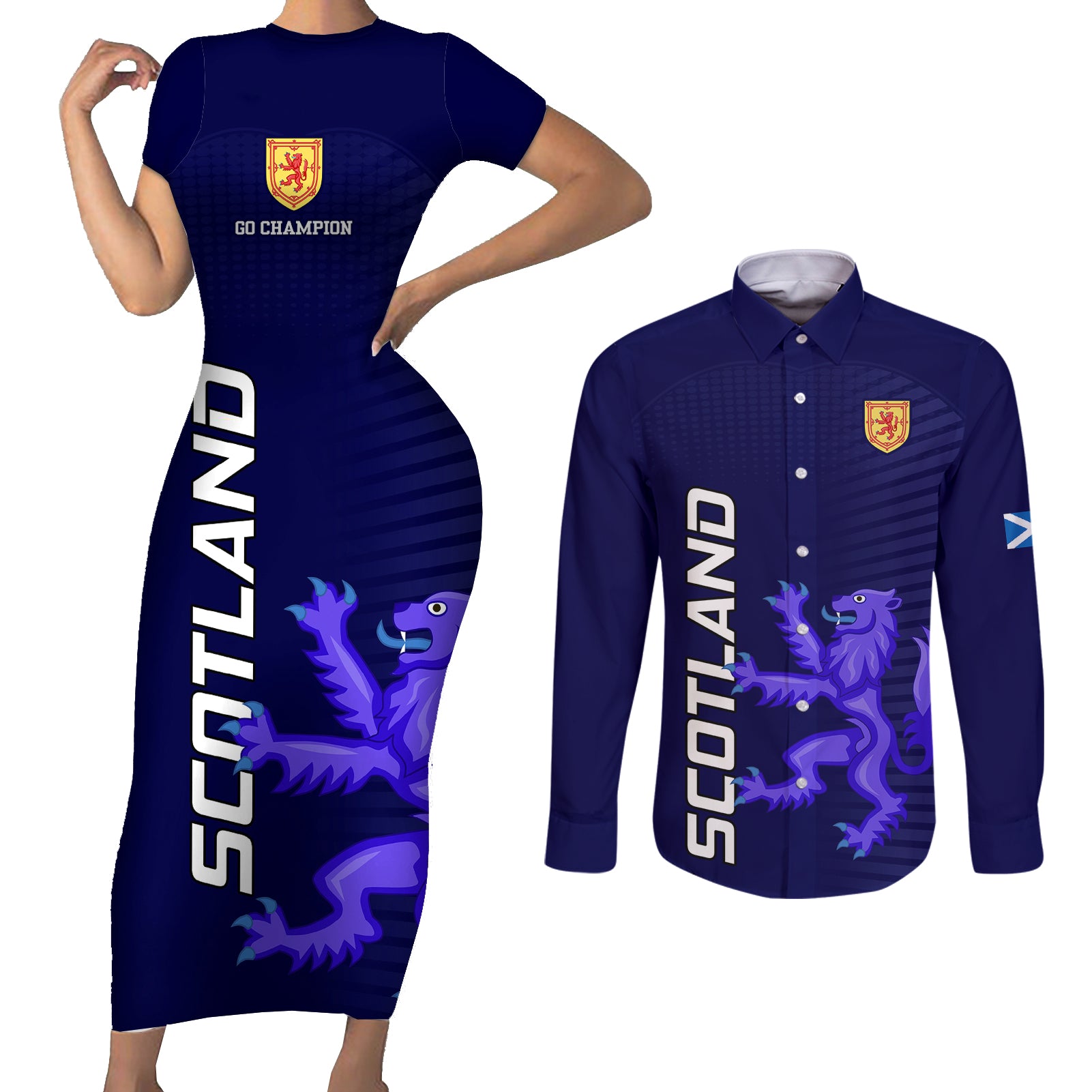 Scotland Rugby Couples Matching Short Sleeve Bodycon Dress and Long Sleeve Button Shirts Go Scottish World Cup Sporty Style LT9 - Wonder Print Shop