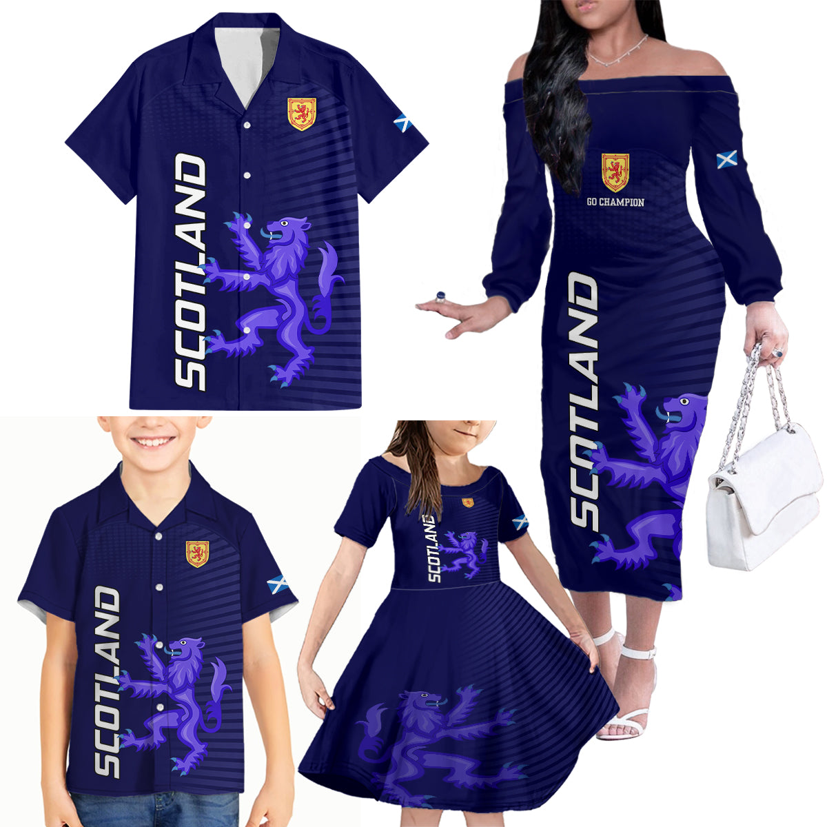 Scotland Rugby Family Matching Off Shoulder Long Sleeve Dress and Hawaiian Shirt Go Scottish World Cup Sporty Style - Wonder Print Shop