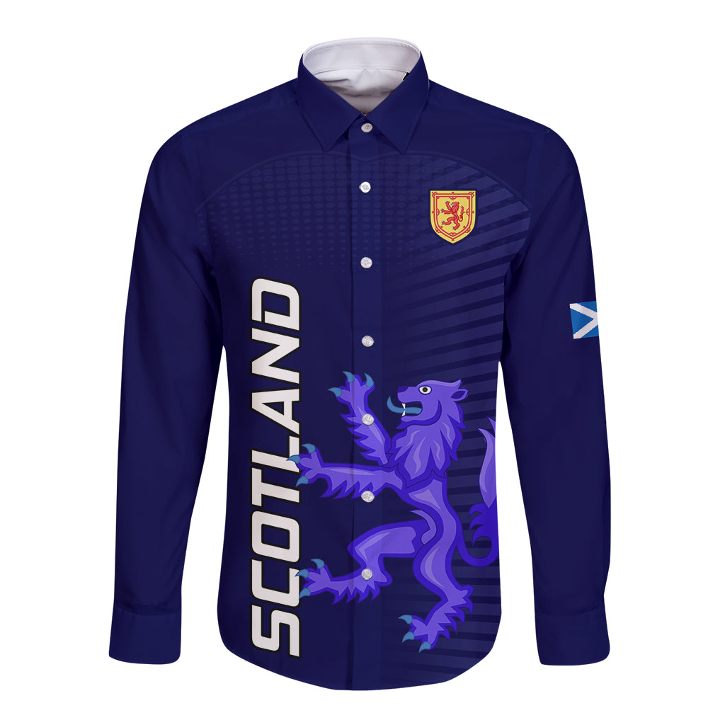 Navy long sleeve button rugby shirt with Scotland crest and purple lion graphic